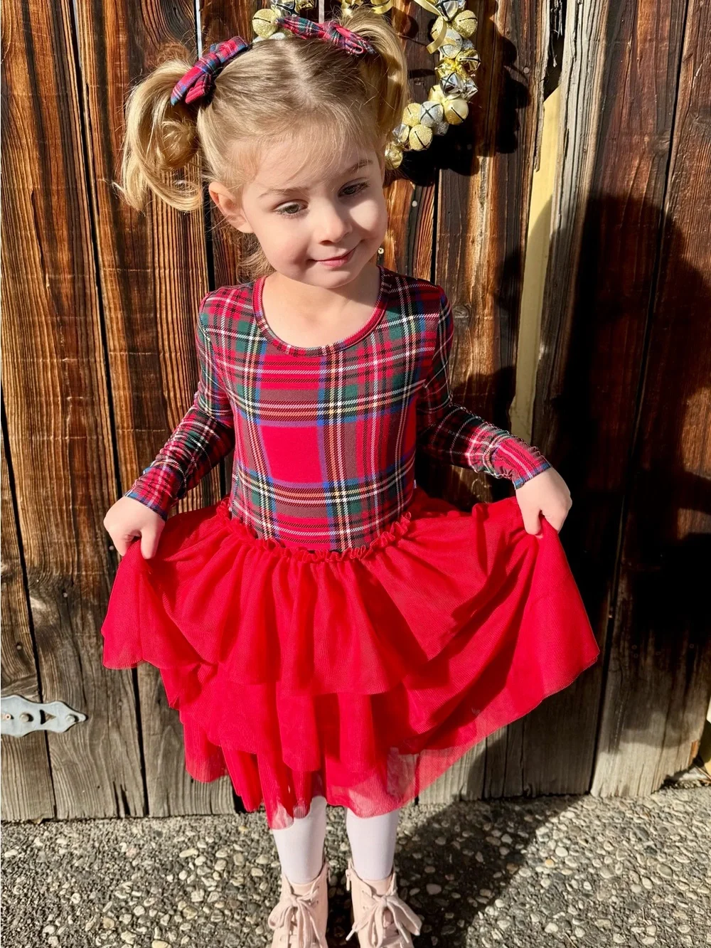 Posh Peanut Red Tartan Plaid Long Sleeve Tulle Dress